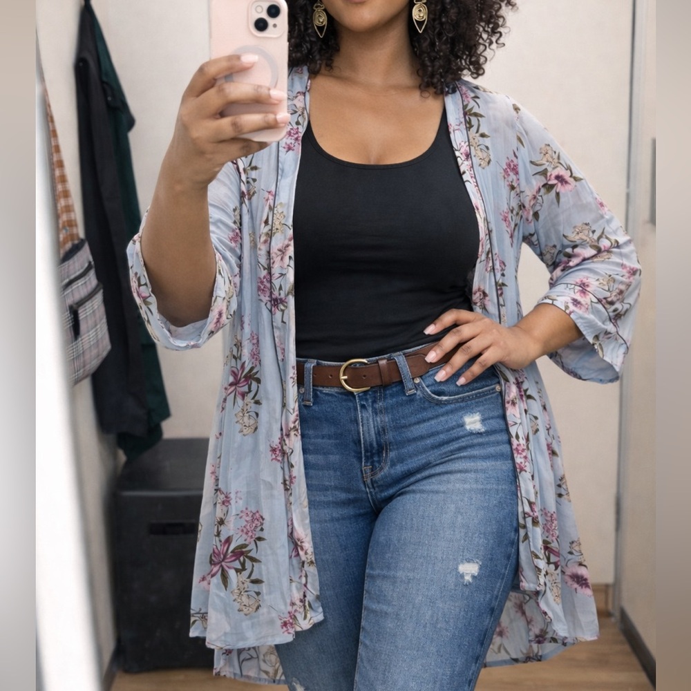 Floral Kimono Duster Cardigan Blue Boho Lightweight Layer Size M